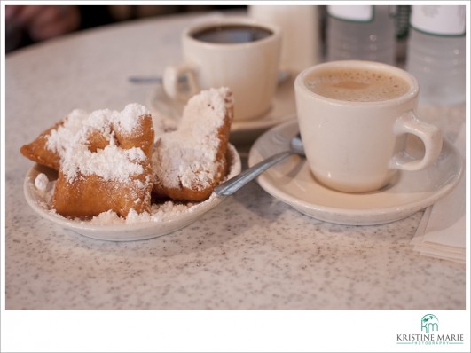 Beignets (doughnuts covered in white sugar) & cafe au lait from Cafe du Monde