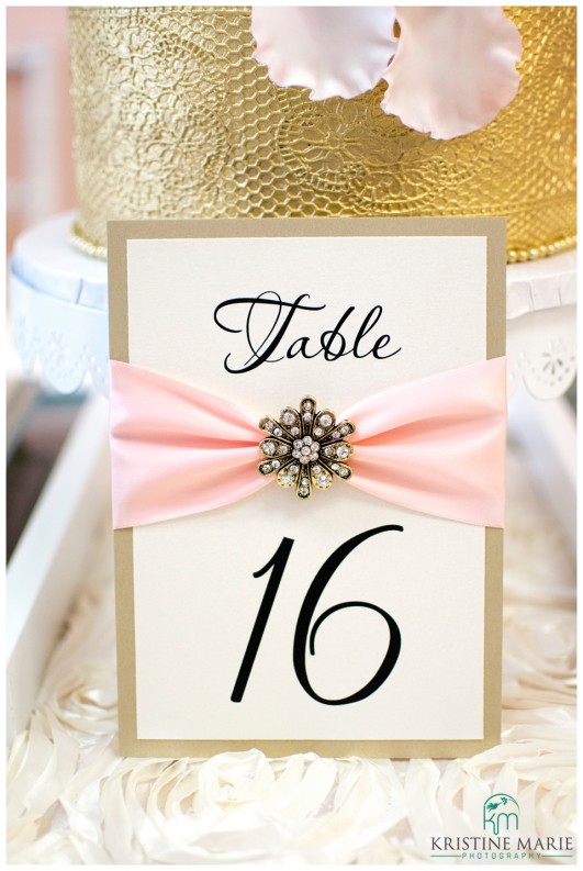 Gold Trimmed  and Pink Ribbon for Table Markers | Kristine Marie Photography