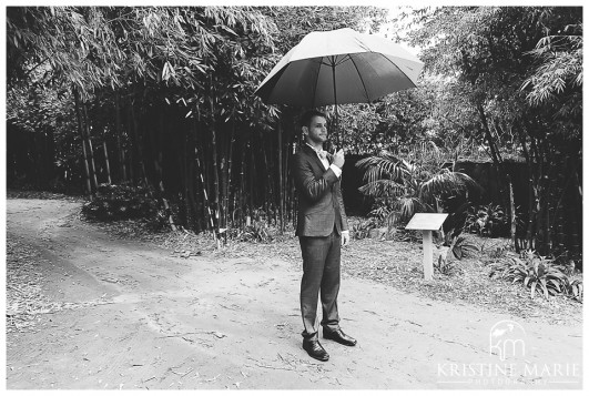 Groom with umbrella photo | first look | San Diego Botanic Wedding Pictures | Kristine Marie Photography