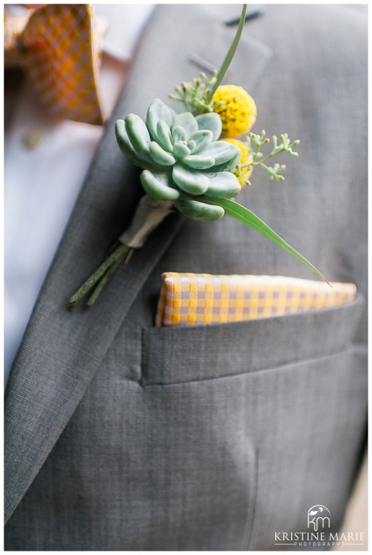 Succulent Bouttoniere photo | Bride and groom romantic pictures | San Diego Botanic Wedding Pictures | Kristine Marie Photography