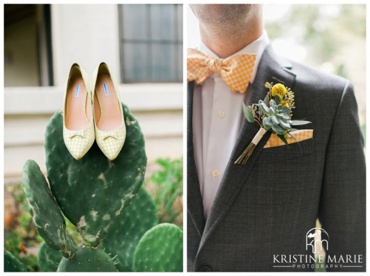 Bowtie wedding shoes and succulent boutonniere | romantic pictures | San Diego Botanic Wedding Pictures | Kristine Marie Photography