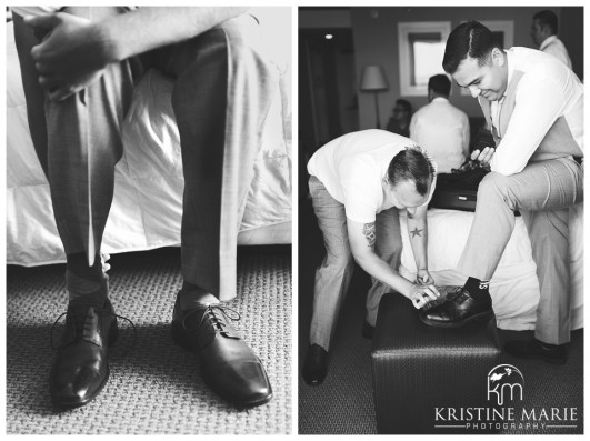 Groomsmen Shining Shoes | Hyatt Regency Wedding Photographer | San Diego Wedding and Portrait Photographer | Photo by: Kristine Marie Photography