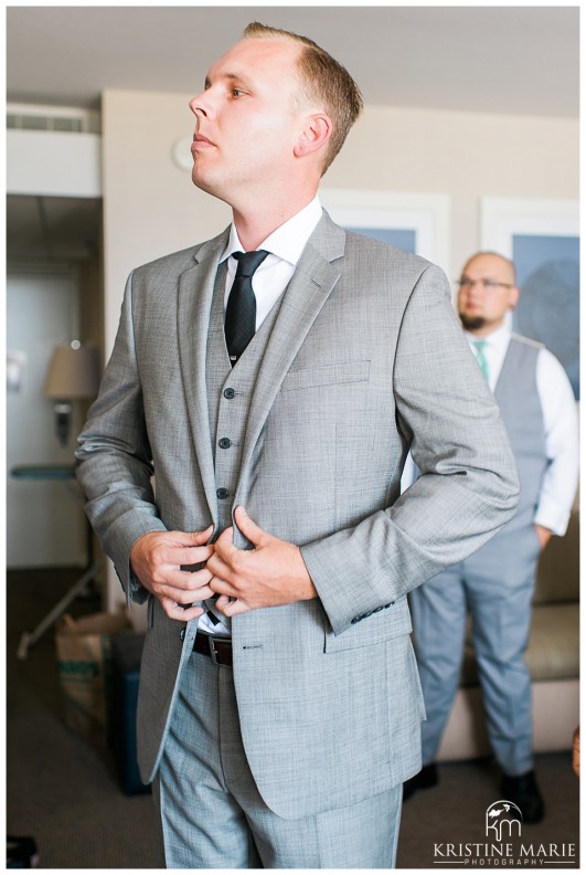 Groomsmen in Gray Suit and Black Tie | Hyatt Regency Wedding Photographer | San Diego Wedding and Portrait Photographer | Photo by: Kristine Marie Photography