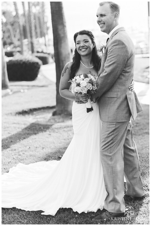 Black and White Romantic Sunset Bride and Groom Photos | Marina Village Wedding Photographer | Photo by: Kristine Marie Photography