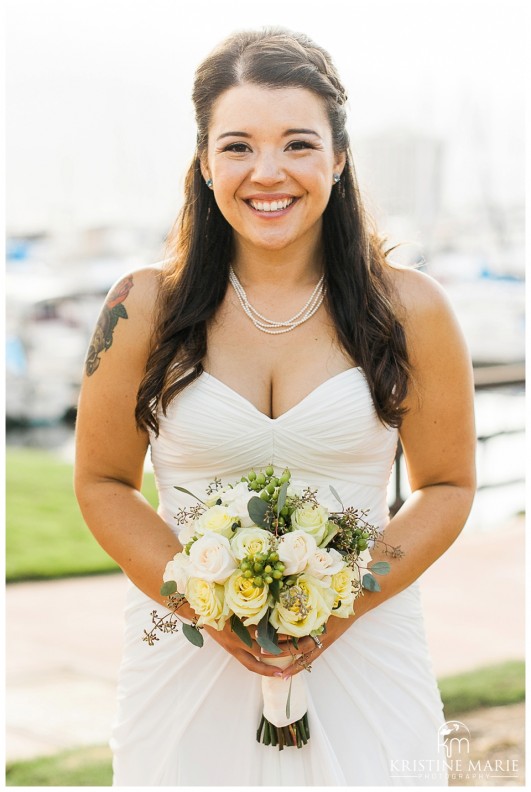 Bride with Bouquet Photo | Portrait of bride by the Water | Marina Village Wedding Photographer | Photo by: Kristine Marie Photography