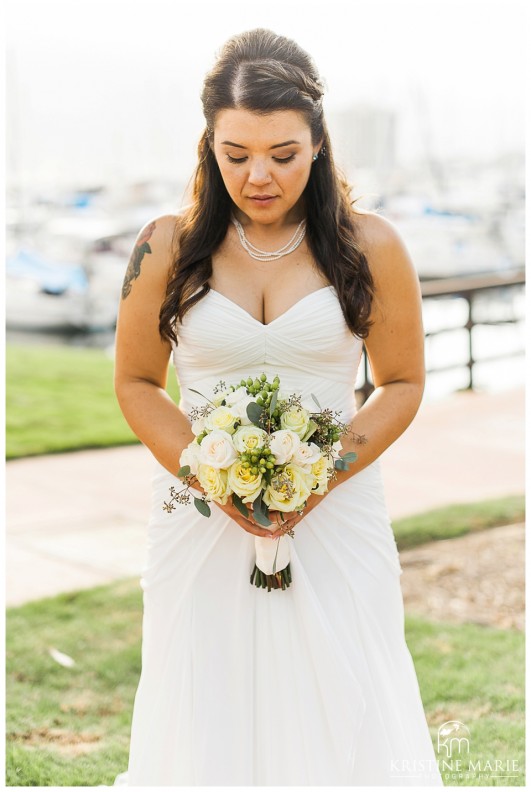 Bride with Her Bouquet | Portrait of bride by the Water | Marina Village Wedding Photographer | Photo by: Kristine Marie Photography