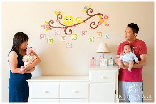 Twin Babies with Mom and Dad in Nursery | San Diego Newborn Baby Photographer | Kristine Marie Photography