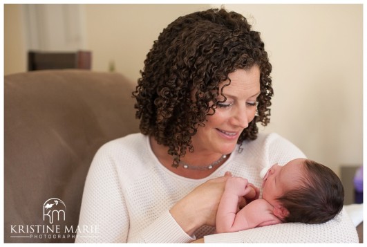 Mom Smiling at Newborn Baby | San Diego Newborn Photographer | Kristine Marie Photography