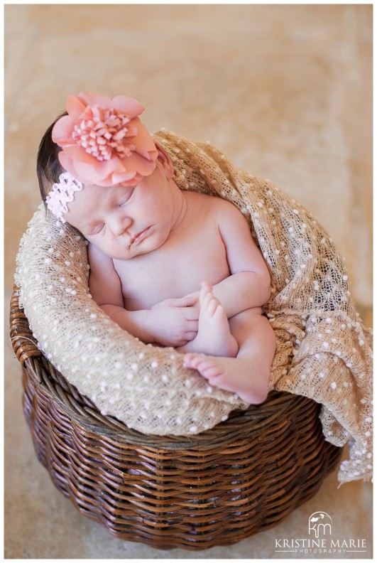 Newborn Baby with Pink Headband in Basket | San Diego Newborn Photographer | Kristine Marie Photography