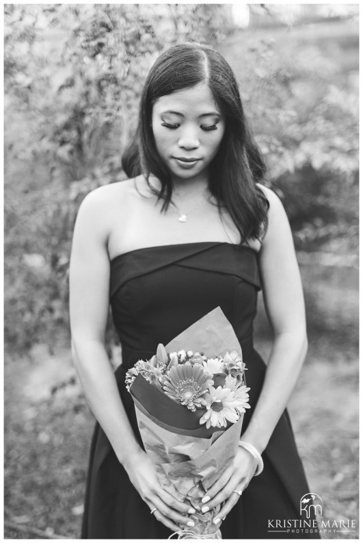 black and white photo with bride to be and bouquet | UCSD Engagement Photo | La Jolla Engagement Wedding Photographer | © www.kristinemariephotography.com