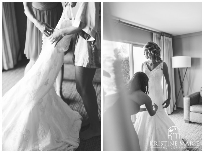 Bride Putting On Wedding Dress | Temecula Creek Inn Wedding Photo | Temecula Wedding Photographer | Kristine Marie Photography | © www.kristinemariephotography.com