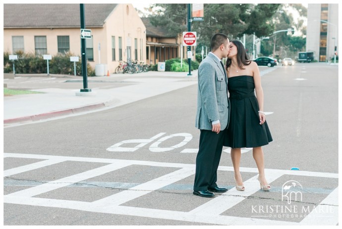 Kiss on the Crosswalk Geisel Library | UCSD Engagement Photo | La Jolla Engagement Wedding Photographer | © www.kristinemariephotography.com