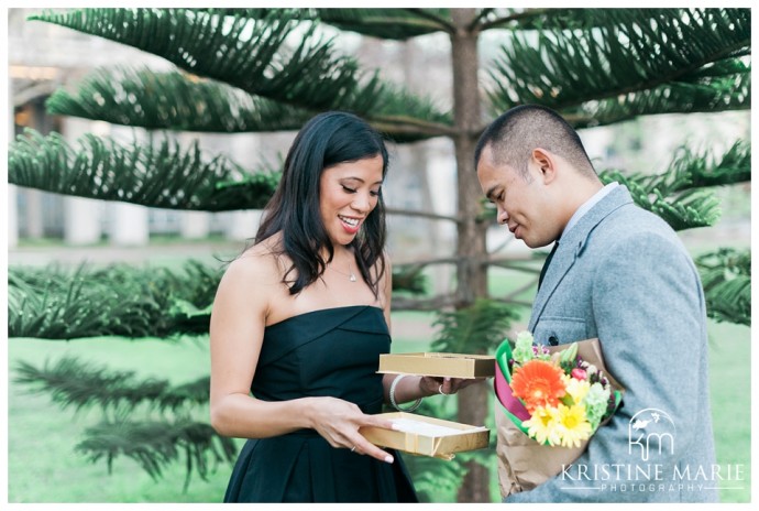 Box of chocolate and flowers Geisel Library | UCSD Engagement Photo | La Jolla Engagement Wedding Photographer | © www.kristinemariephotography.com