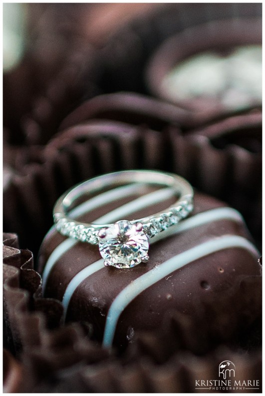 diamond engagement ring on chocolate Geisel Library | UCSD Engagement Photo | La Jolla Engagement Wedding Photographer | © www.kristinemariephotography.com