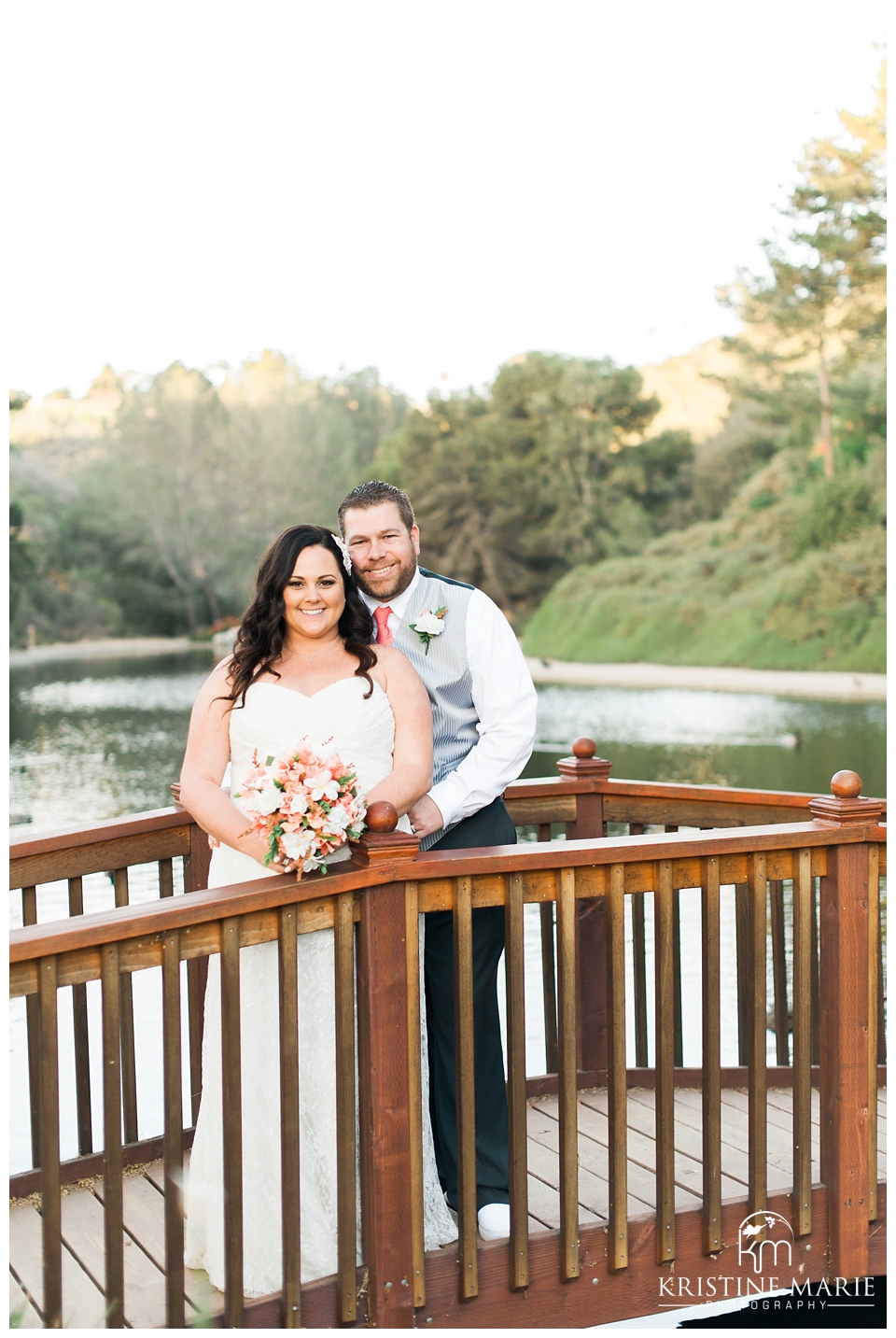 Portrait of Bride and Groom on Wooden Bridge | Lake Wedding | San Diego Wedding Photographer | © Kristine Marie Photography | www.kristinemariephotography.com