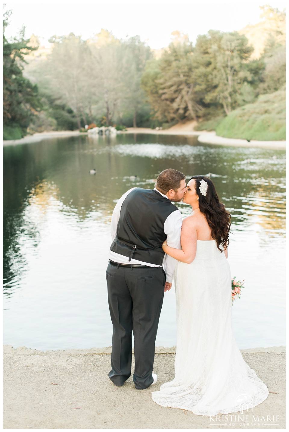 Romantic Bride and Groom Photo by Lake | Lake Wedding | San Diego Wedding Photographer | © Kristine Marie Photography | www.kristinemariephotography.com