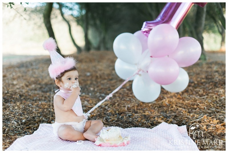 Cute Little First Year Baby Photos Cake Smash Balloons | San Diego Poway Baby Photographer | Kristine Marie Photography © www.kristinemariephotography.com 