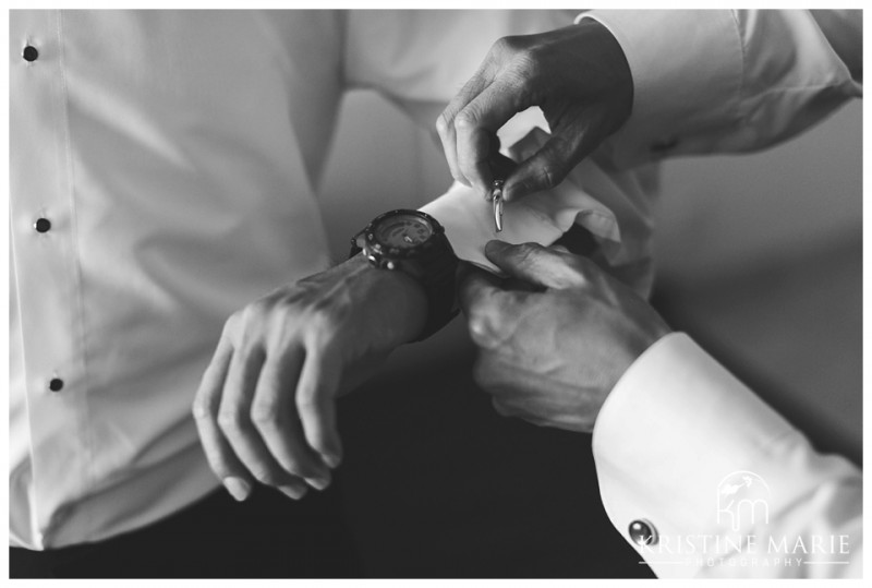 Groom getting ready cufflinks | The Thursday Club San Diego Wedding Photographer | Kristine Marie Photography | © www.kristinemariephotography.com