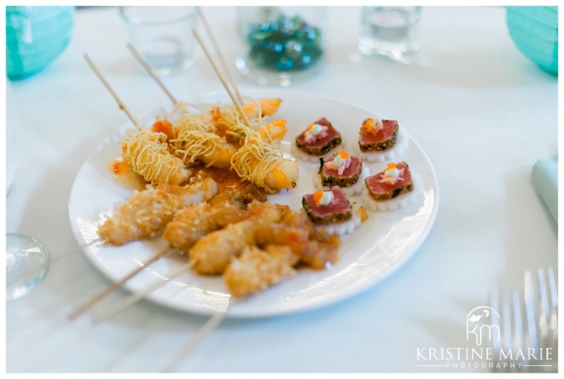 Shrimp Tempura and Seared ahi tuna appetizers | Sunset Cliffs Wedding Photo | Thursday Club | San Diego Wedding Photographer | Kristine Marie Photography | © www.kristinemariephotography.com