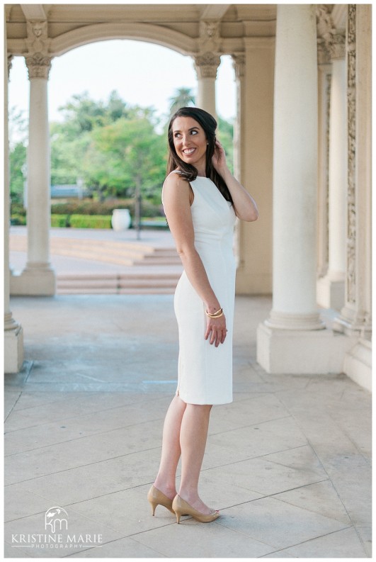 Bride to be | Organ Pavilion | White dress | Balboa Park Engagement Photo | © Kristine Marie Photography | www.kristinemariephotography.com