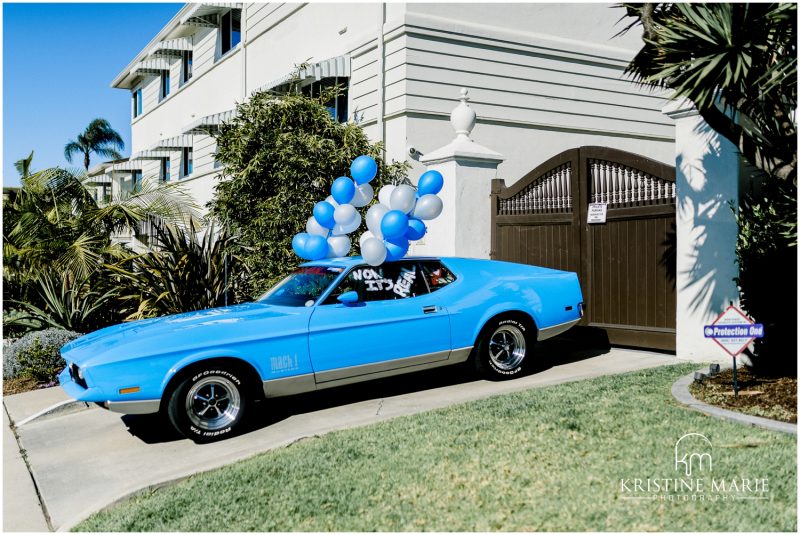 bright blue mach 1 mustang getaway car Darlington House La Jolla Wedding Photo | © Kristine Marie Photography (46)