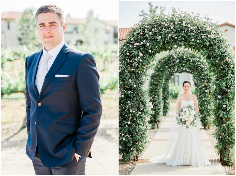 portrait of groom and bride rose arches Ponte Winery Wedding Photo | Temecula Photographer | © Kristine Marie Photography (50)