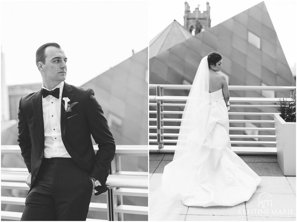 Black and White Portait of Bride and Groom | Terrace Four Seasons Hotel San Francisco Wedding Photographer | © Kristine Marie Photography