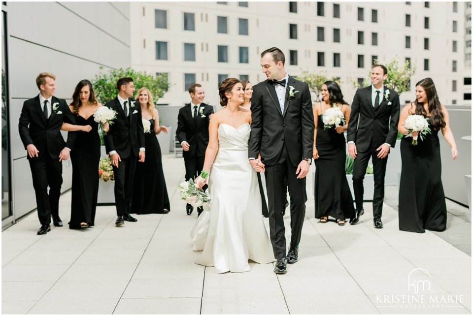 Wedding Party in formal black tie and gown photo | Terrace Four Seasons Hotel San Francisco Wedding Photographer | © Kristine Marie Photography