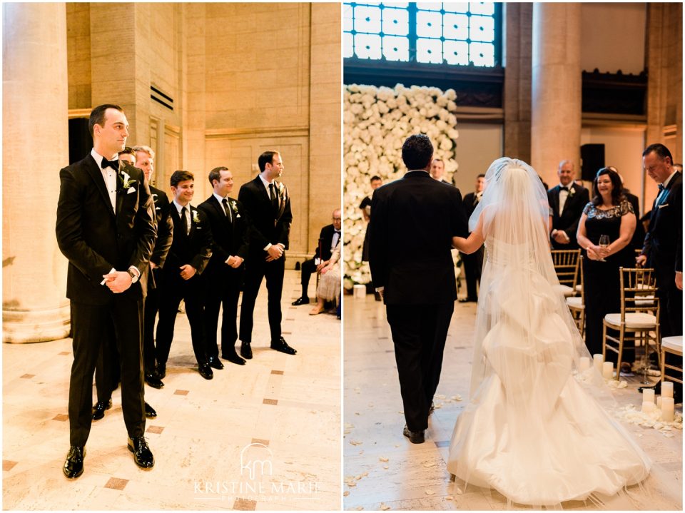 groom sees bride walking down aisle photo | Asian Art Museum San Francisco Wedding Photographer | © Kristine Marie Photography 