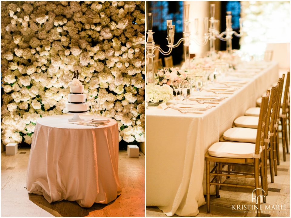 three tiered cake flower wall reception details photo | Asian Art Museum San Francisco Wedding Photographer | © Kristine Marie Photography 