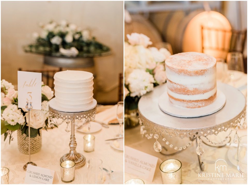 cake at each reception table Ponte Winery Wedding Photo | Temecula Photographer | © Kristine Marie Photography (13)