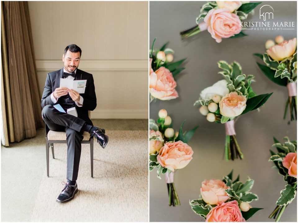 Westin Gaslamp Quarter Hotel San Diego Wedding Photo | groom reading card boutonnieres | © Kristine Marie Photography (6)