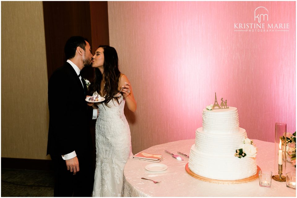 Westin Gaslamp Quarter Hotel San Diego Wedding Photo | cake cutting three tiered Paris| © Kristine Marie Photography (76)