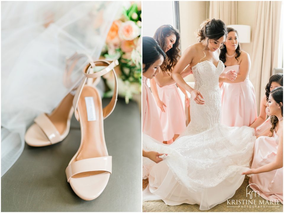 Westin Gaslamp Quarter Hotel San Diego Wedding Photo | nude shoes bride getting in dress | © Kristine Marie Photography (12)