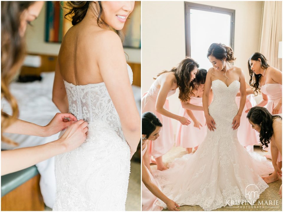 Westin Gaslamp Quarter Hotel San Diego Wedding Photo | bride getting in dress | © Kristine Marie Photography (13)