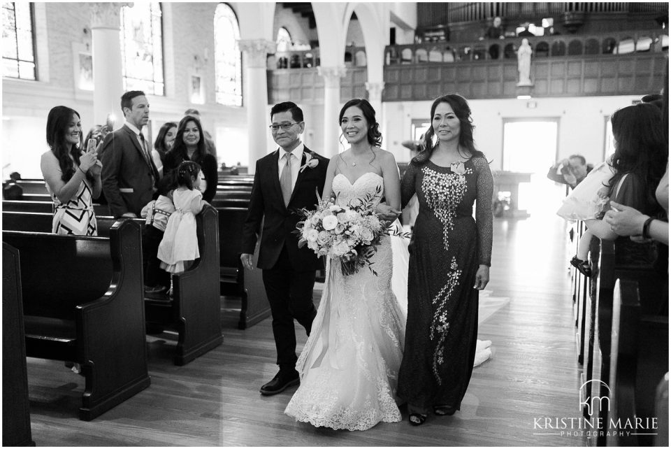 bride walking down aisle with parents | San Diego Wedding Photo | St. Joseph Cathedral | © Kristine Marie Photography (25)