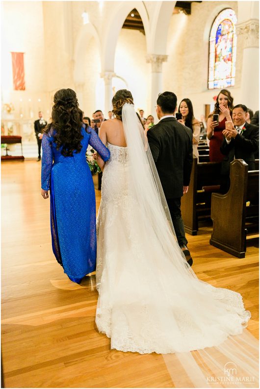 Bride with long veil walking down the aisle | San Diego Wedding Photo | St. Joseph Cathedral | © Kristine Marie Photography (26)