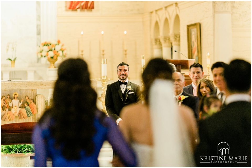 Groom sees bride down the aisle | San Diego Wedding Photo | St. Joseph Cathedral | © Kristine Marie Photography (27)