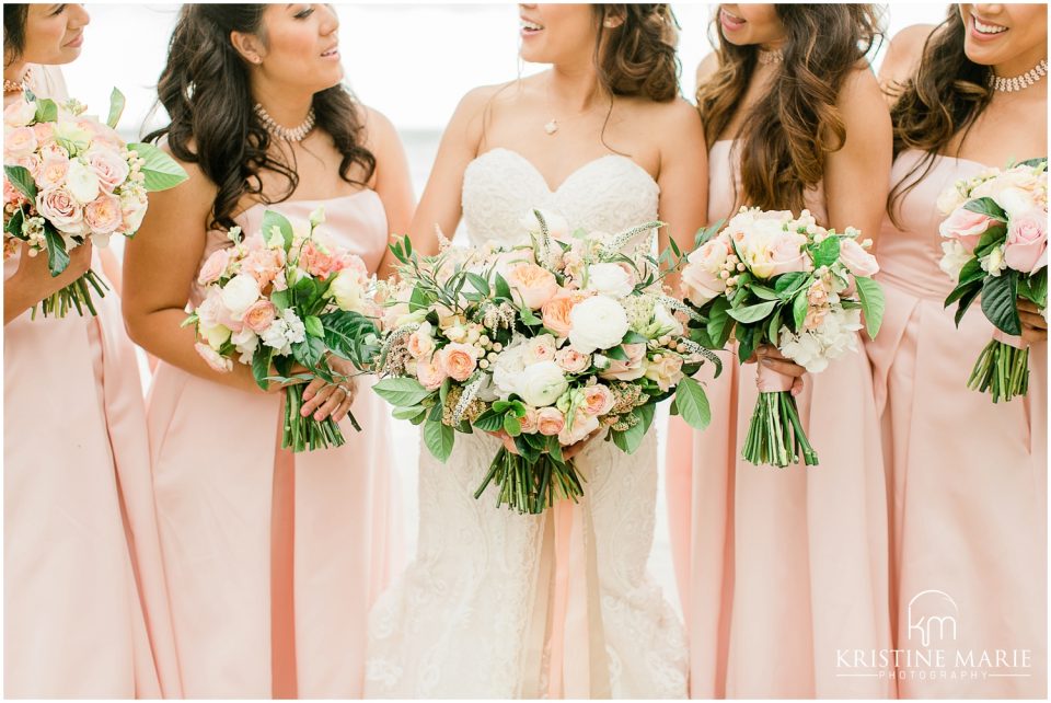 Scripps Pier Beach San Diego Wedding Photo | bridesmaids peach pink bouquet | © Kristine Marie Photography (37)