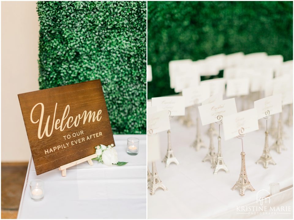 Westin Gaslamp Quarter Hotel San Diego Wedding Photo | wood welcome sign Eiffel Tower name cards | © Kristine Marie Photography (49)