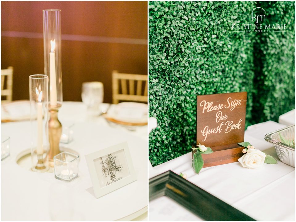 Westin Gaslamp Quarter Hotel San Diego Wedding Photo | gold candelabra wood calligraphy | © Kristine Marie Photography (52)