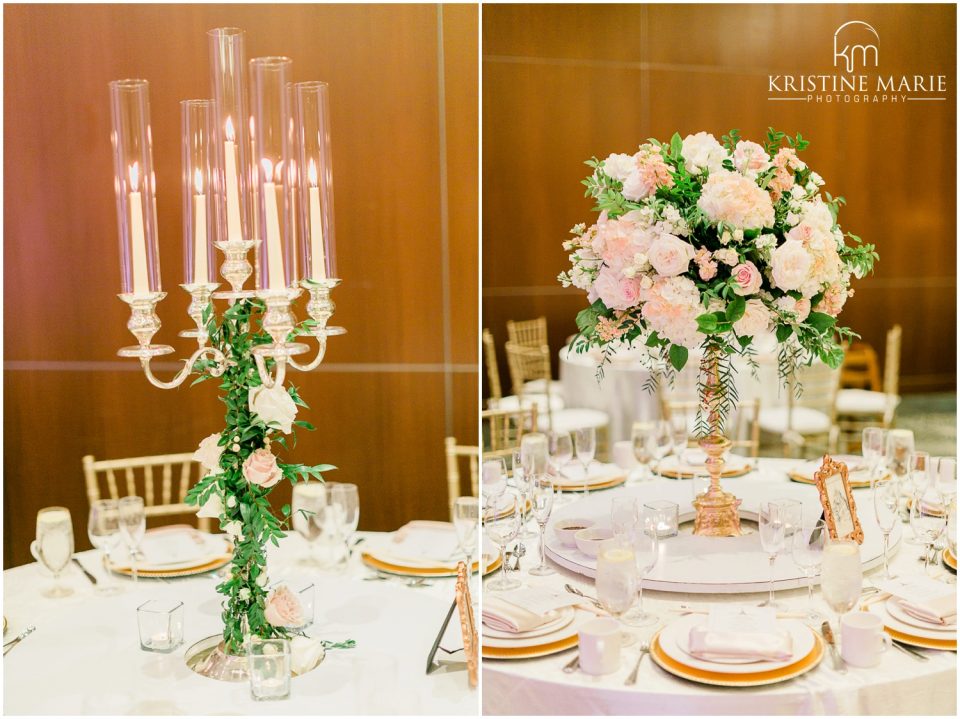 Westin Gaslamp Quarter Hotel San Diego Wedding Photo | candle centerpiece gold centerpiece blush florals | © Kristine Marie Photography (53)