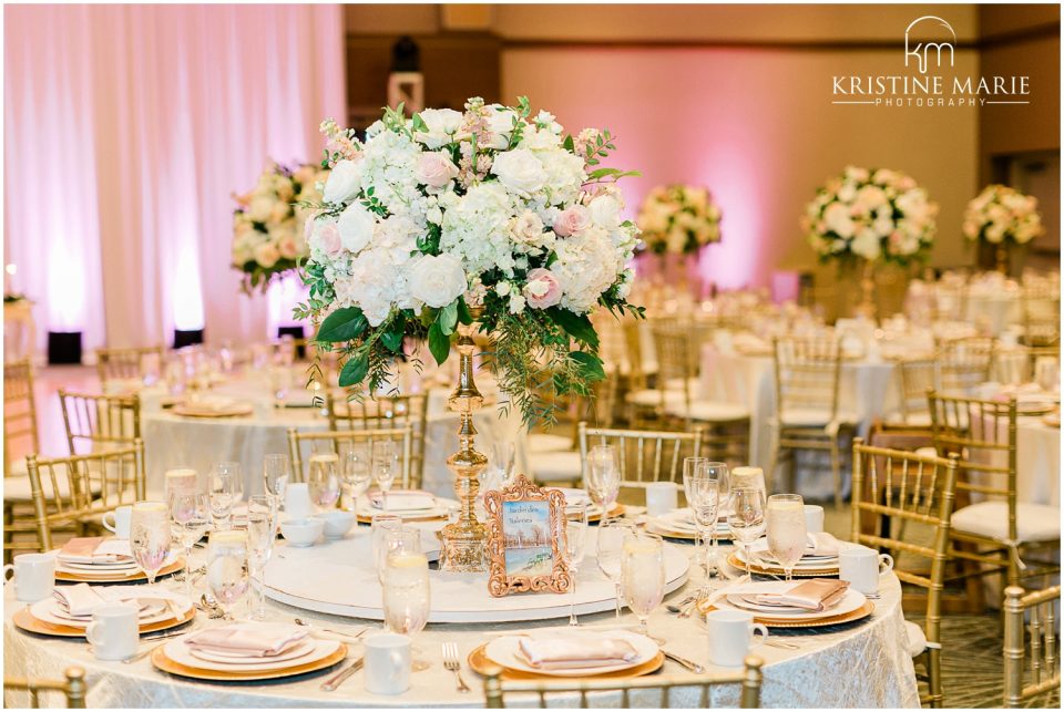 Westin Gaslamp Quarter Hotel San Diego Wedding Photo | gold white blush floral centerpieces | © Kristine Marie Photography (56)