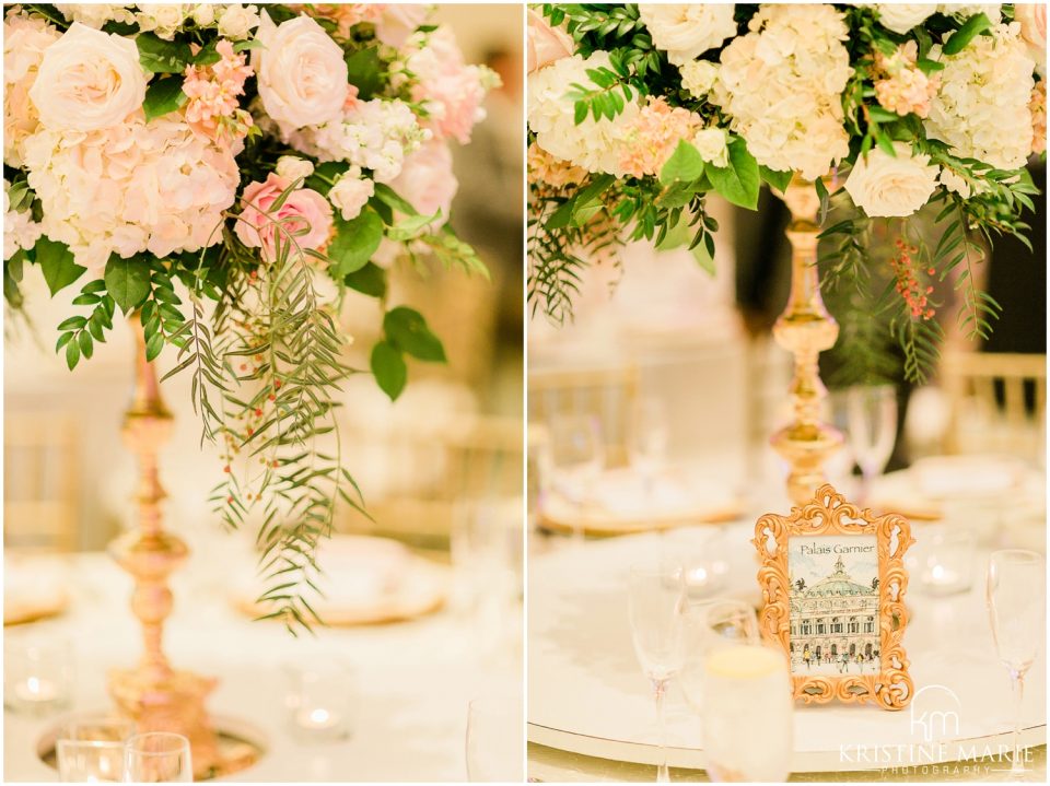 Westin Gaslamp Quarter Hotel San Diego Wedding Photo | floral gold centerpieces Paris theme | © Kristine Marie Photography (58)