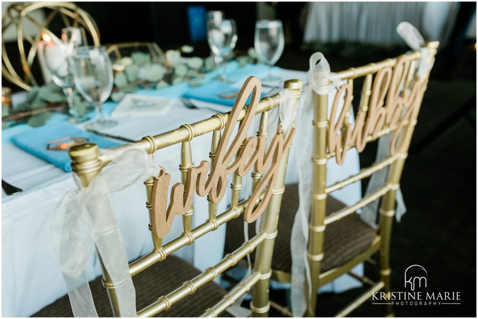 laser cut wooden chair signs wifey hubby | Tom Ham's Lighthouse San Diego Wedding Photo | © Kristine Marie Photography (23)