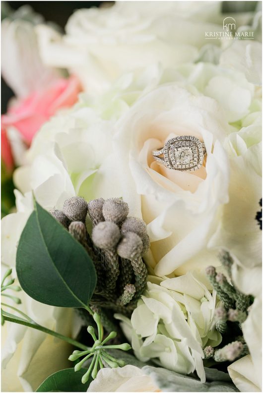 Engagement ring double halo bouquet | Tom Ham's Lighthouse San Diego Wedding Photo | © Kristine Marie Photography (60)