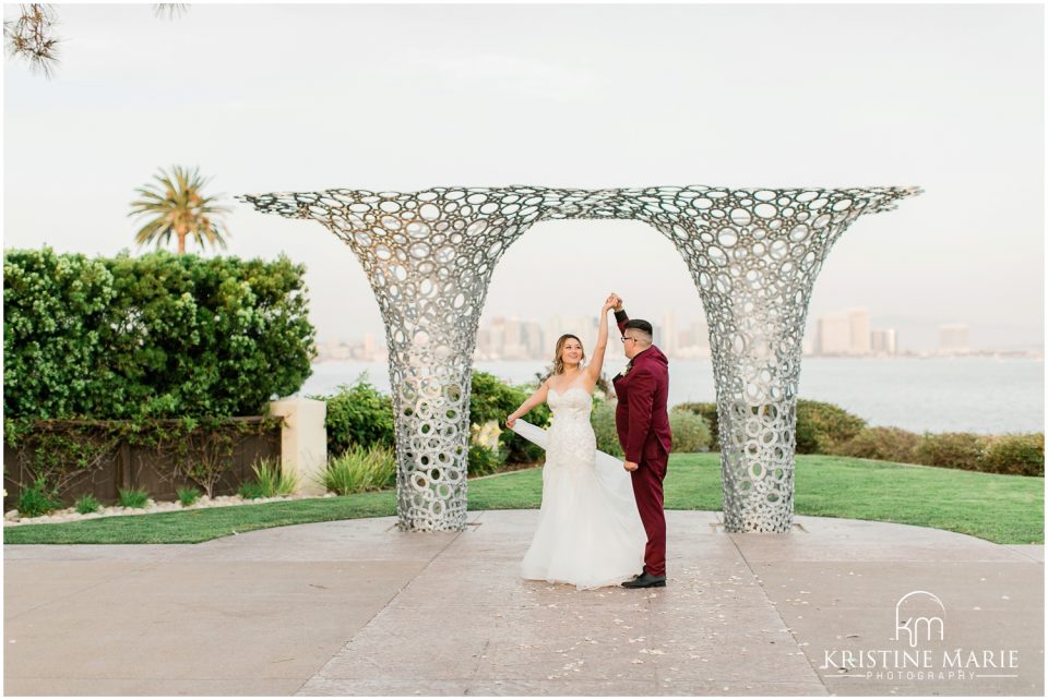 dancing art deco arch skyline sunset | Tom Ham's Lighthouse San Diego Wedding Photo | © Kristine Marie Photography (8)