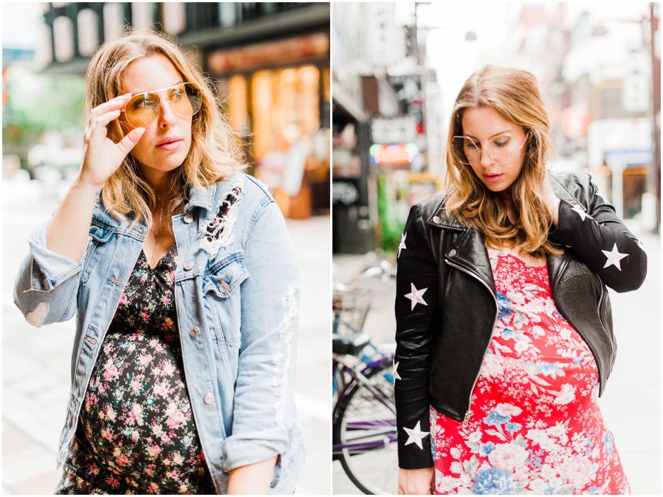 leather moto jacket floral dress Tokyo Lifestyle Photographer | Yokosuka Maternity Portraits | © Kristine Marie Photography