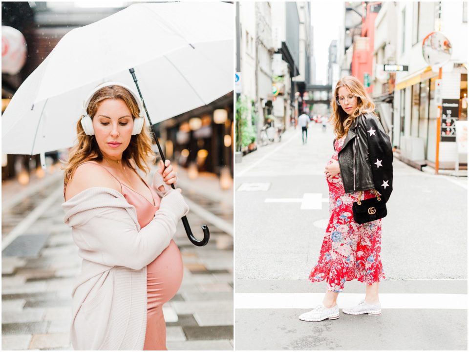 umbrella leather jacket pink dress Tokyo Lifestyle Photographer | Yokosuka Maternity Portraits | © Kristine Marie Photography