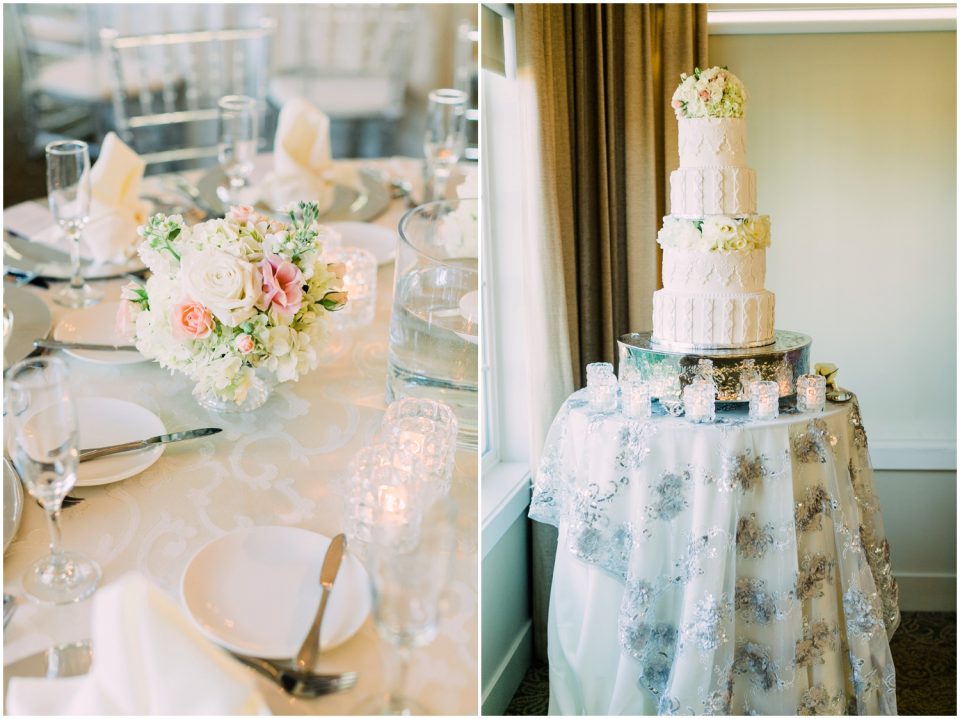 floral centerpiece and four tiered wedding cake | Temecula Ponte Winery Wedding Photographer | Kristine Marie Photography